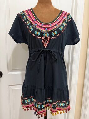 Glamorous Black Petite Tunic Top with Floral and Butterfly Embroidery
